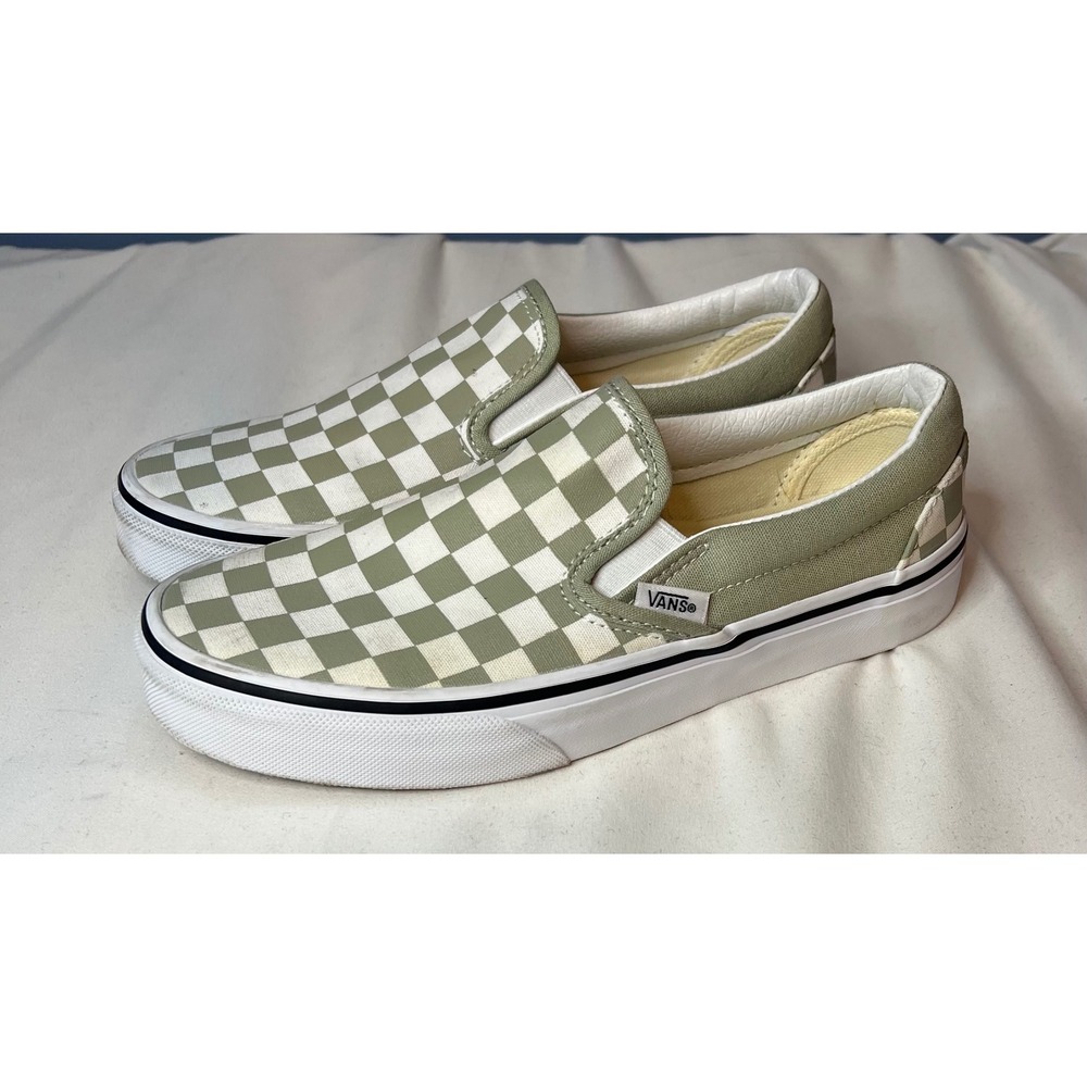 Vans Classic Slip-On Checkerboard Olive Green White Women's Size 6.5 Men's 5